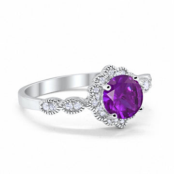 Floral Art Engagement Ring Round Simulated Amethyst CZ 925 Sterling Silver